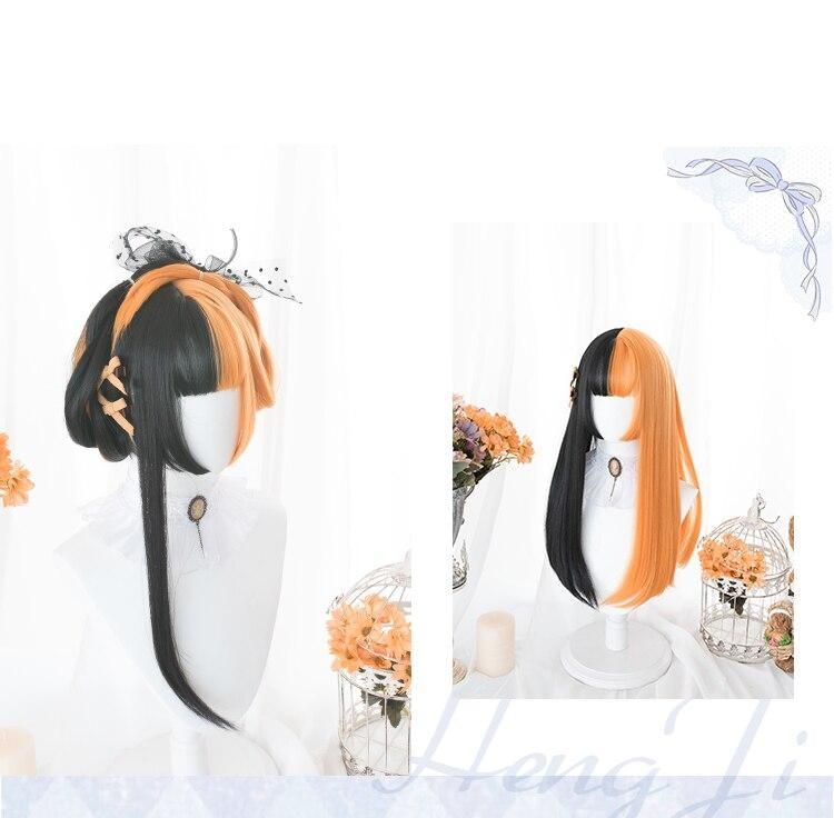 Long Split Halloween Lolita Wig - bangs, black and orange, fake hair, goth, gothic