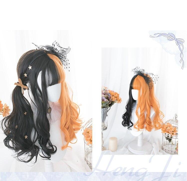 Long Split Halloween Lolita Wig - bangs, black and orange, fake hair, goth, gothic
