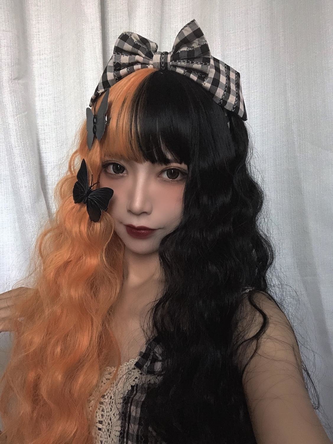 Long Split Halloween Lolita Wig - bangs, black and orange, fake hair, goth, gothic