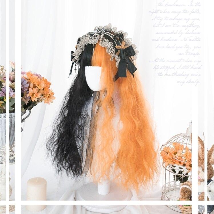 Long Split Halloween Lolita Wig - bangs, black and orange, fake hair, goth, gothic
