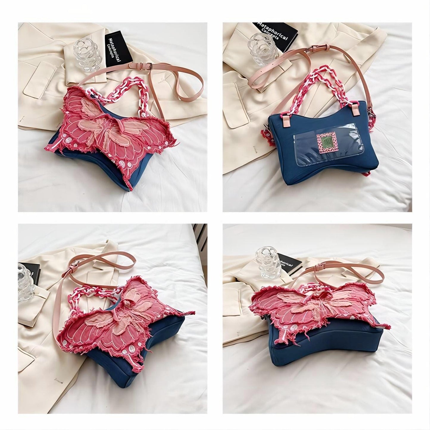 Sac bandoulière papillon en denim rose Y2K