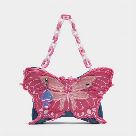 Y2K Pink Denim Butterfly Crossbody Bag