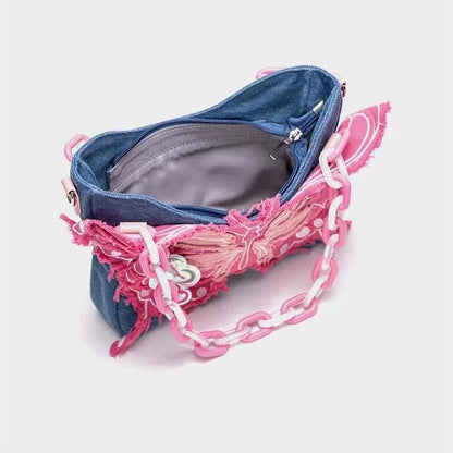 Sac bandoulière papillon en denim rose Y2K