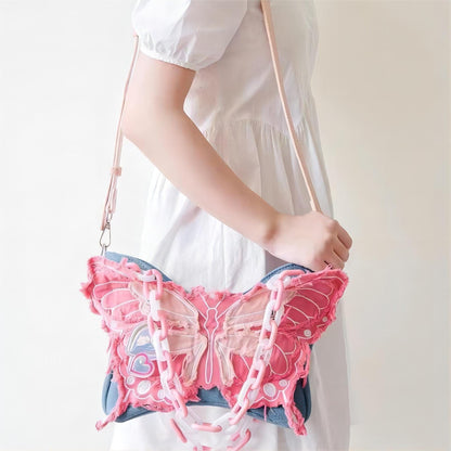 Sac bandoulière papillon en denim rose Y2K