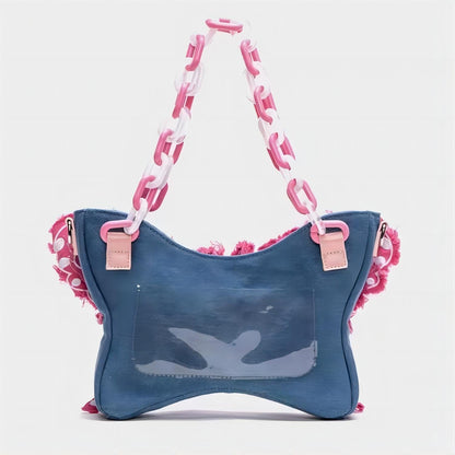 Sac bandoulière papillon en denim rose Y2K