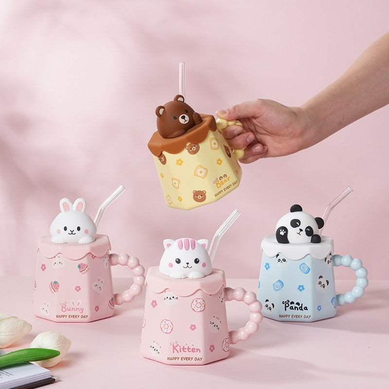 Pastel animal mug & straw set - bear - bears - bunny - cat - cats