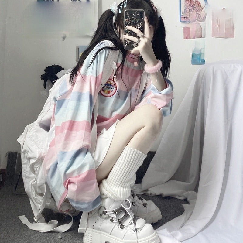 Pastel striped oversized top - kawaii - long sleeve - pastel - shirt - striped