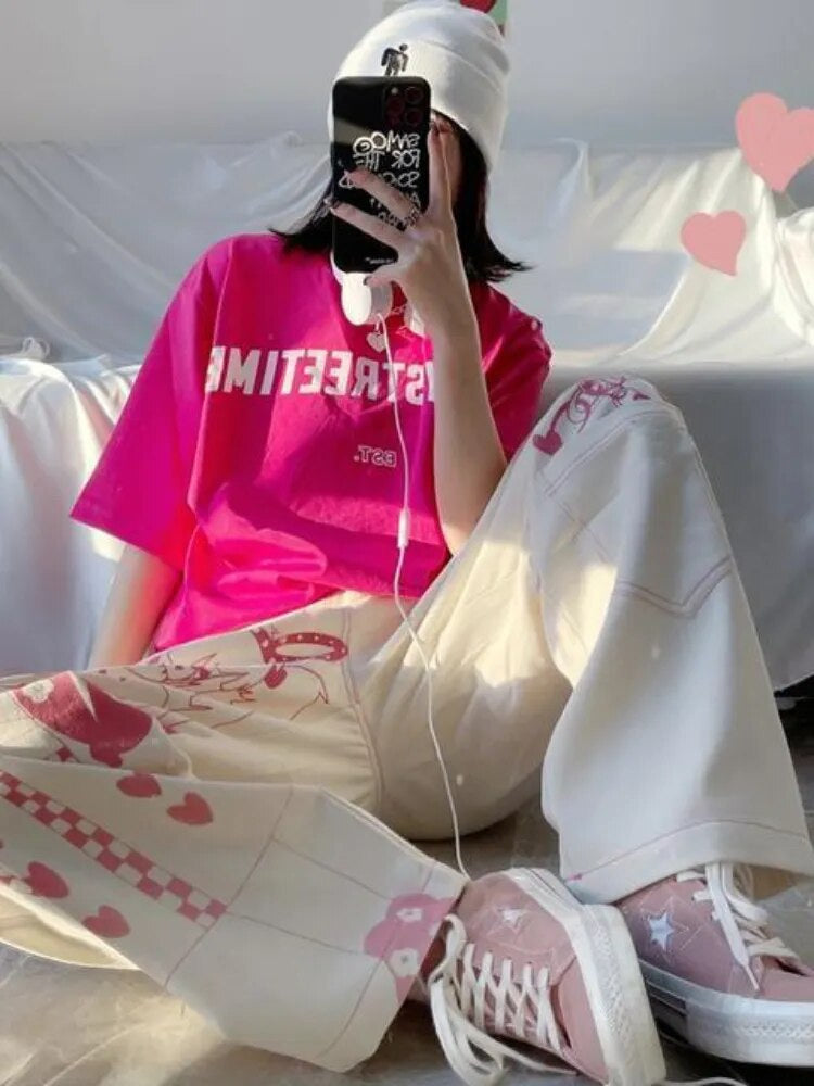 Pink anime print baggy pants - hearts - kawaii - pants - pink - y2k