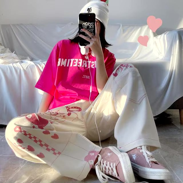 Pink anime print baggy pants - hearts - kawaii - pants - pink - y2k