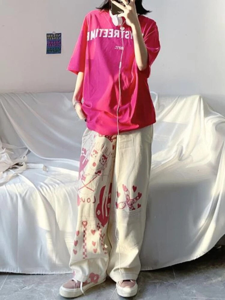 Pink anime print baggy pants - hearts - kawaii - pants - pink - y2k