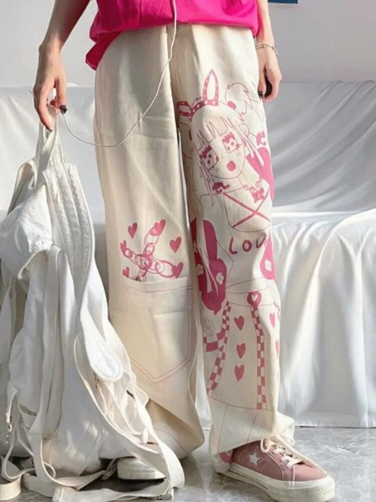 Pink anime print baggy pants - hearts - kawaii - pants - pink - y2k