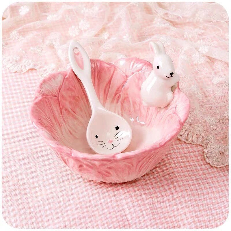 Pink Bunny Bowl & Spoon - bowl, bunnies, bunny rabbit, ceramic, dinner Kawaii Babe