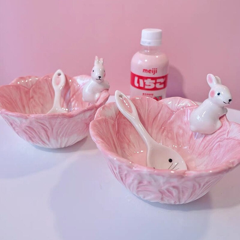 Pink Bunny Bowl & Spoon - bowl, bunnies, bunny rabbit, ceramic, dinner Kawaii Babe