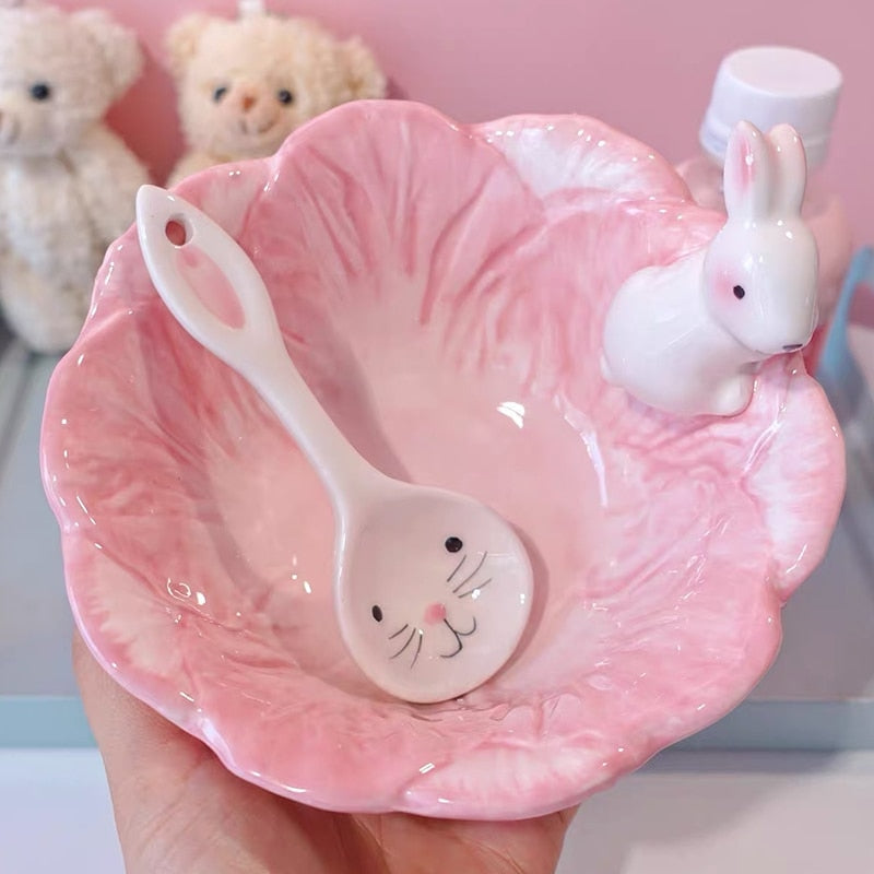 Pink Bunny Bowl & Spoon - bowl, bunnies, bunny rabbit, ceramic, dinner Kawaii Babe