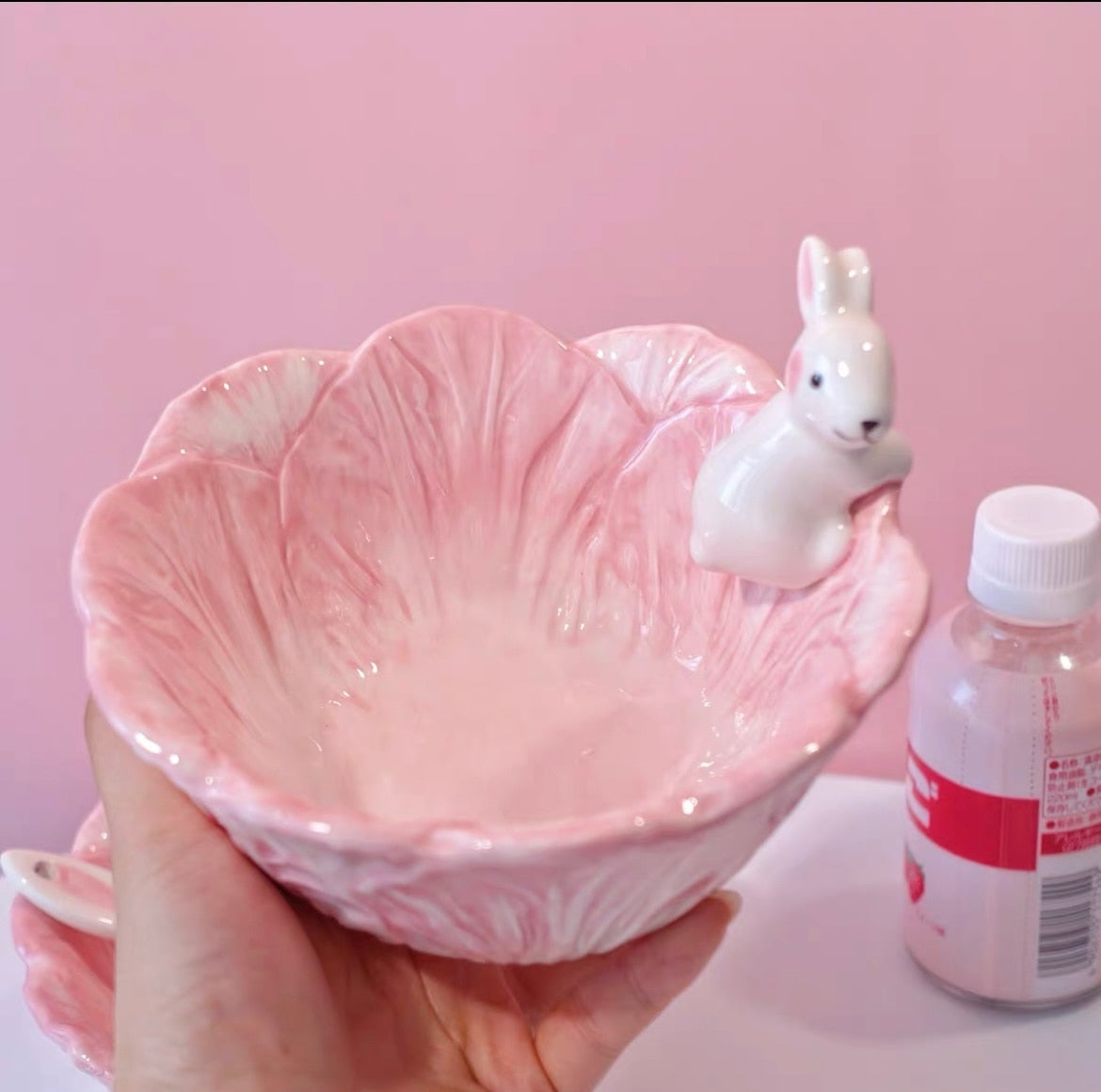Pink Bunny Bowl & Spoon - bowl, bunnies, bunny rabbit, ceramic, dinner Kawaii Babe