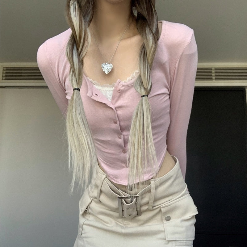 Pink Button Up Lace Cardigan - cardigan, cardigans, coquette, dollette, fae Kawaii Babe