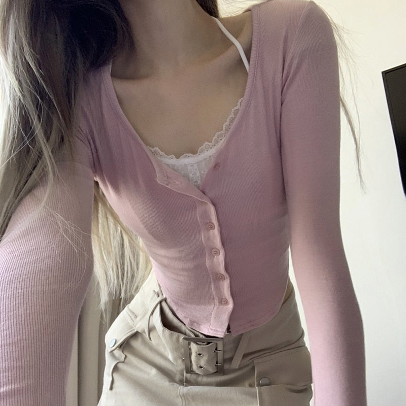 Pink Button Up Lace Cardigan - cardigan, cardigans, coquette, dollette, fae Kawaii Babe