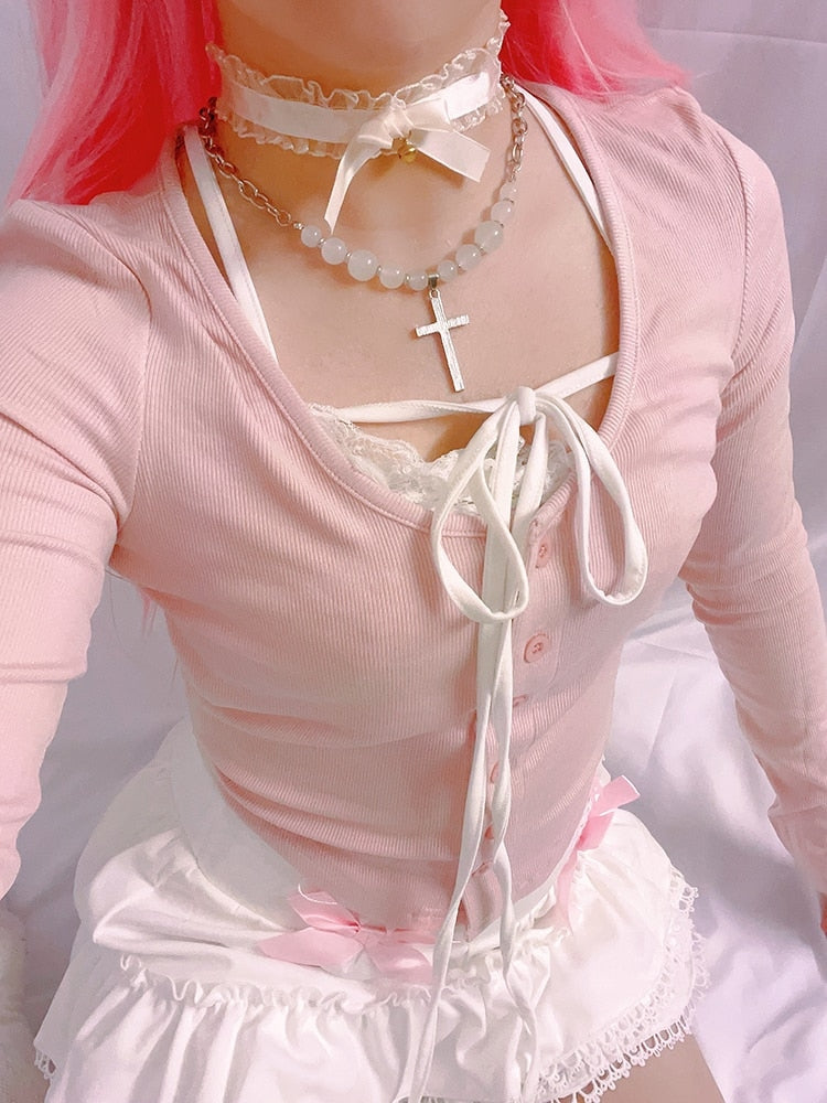 Pink Button Up Lace Cardigan - cardigan, cardigans, coquette, dollette, fae Kawaii Babe