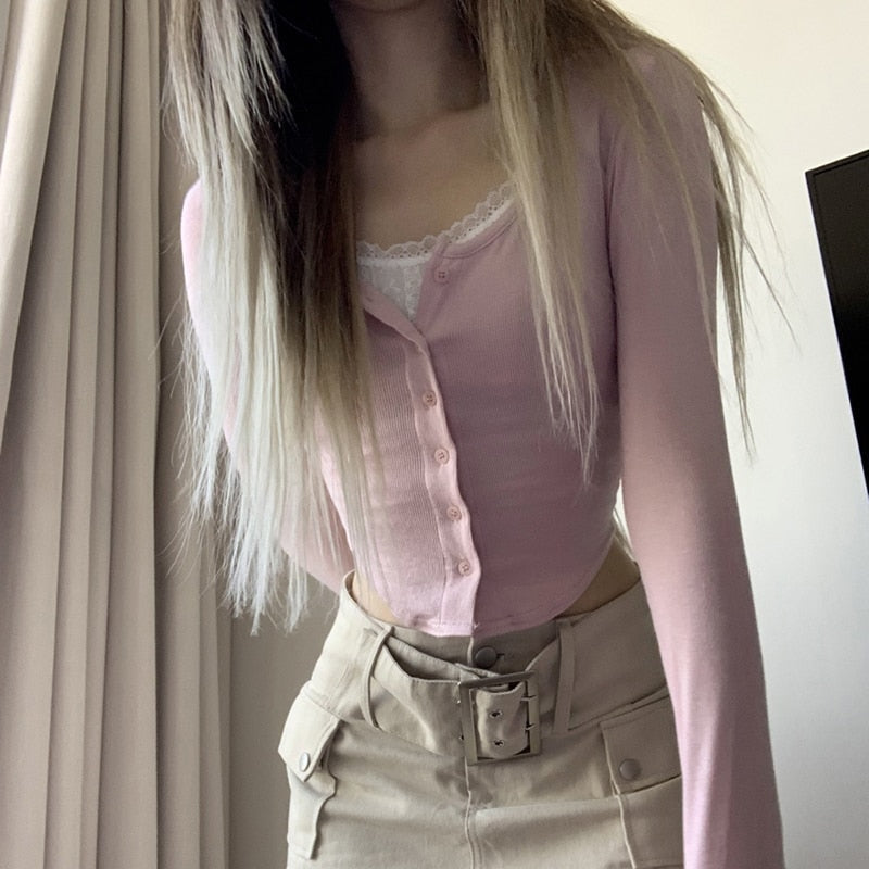 Pink Button Up Lace Cardigan - cardigan, cardigans, coquette, dollette, fae Kawaii Babe