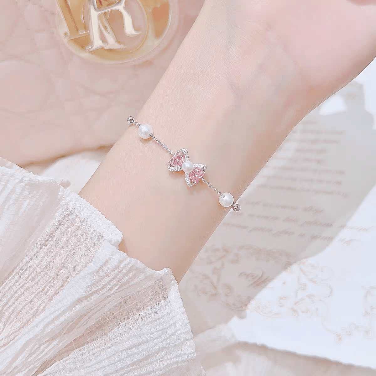 Rosa Kristall Perlenkette Armband mit Schleife