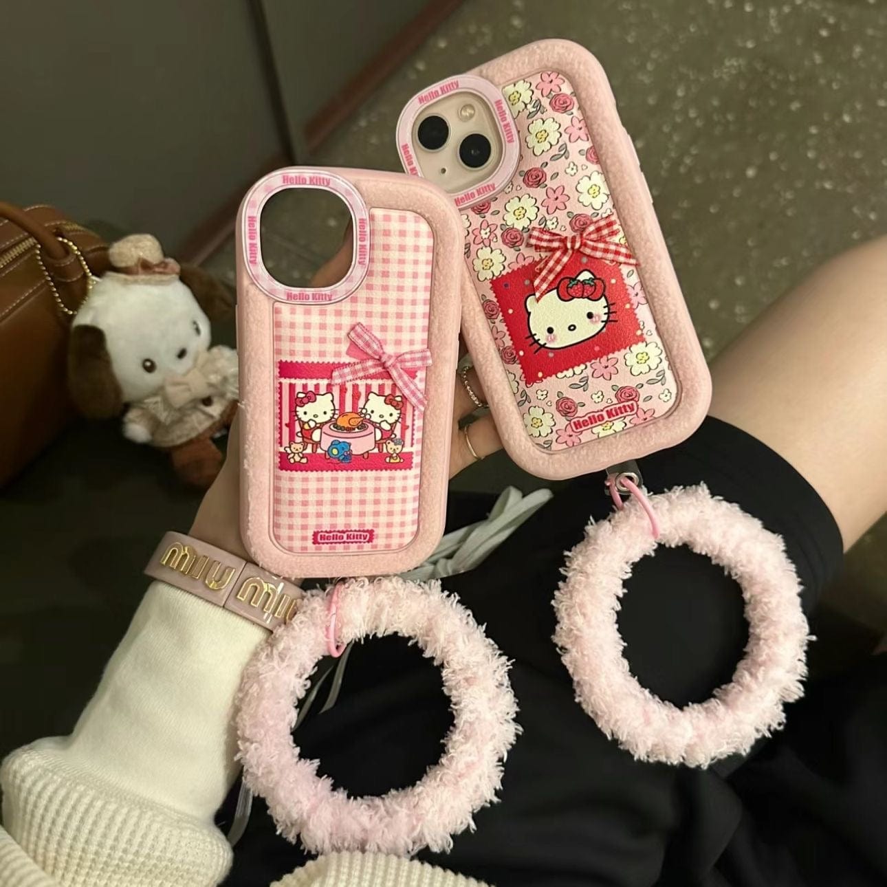 Pink Floral Kitty iPhone Case With Plush Accessories