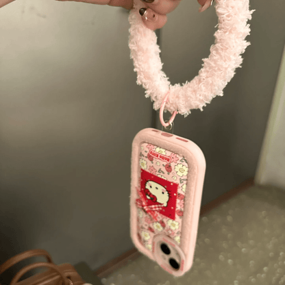 Coque iPhone à motif de chat à fleurs roses avec accessoires en peluche