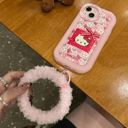 Coque iPhone à motif de chat à fleurs roses avec accessoires en peluche