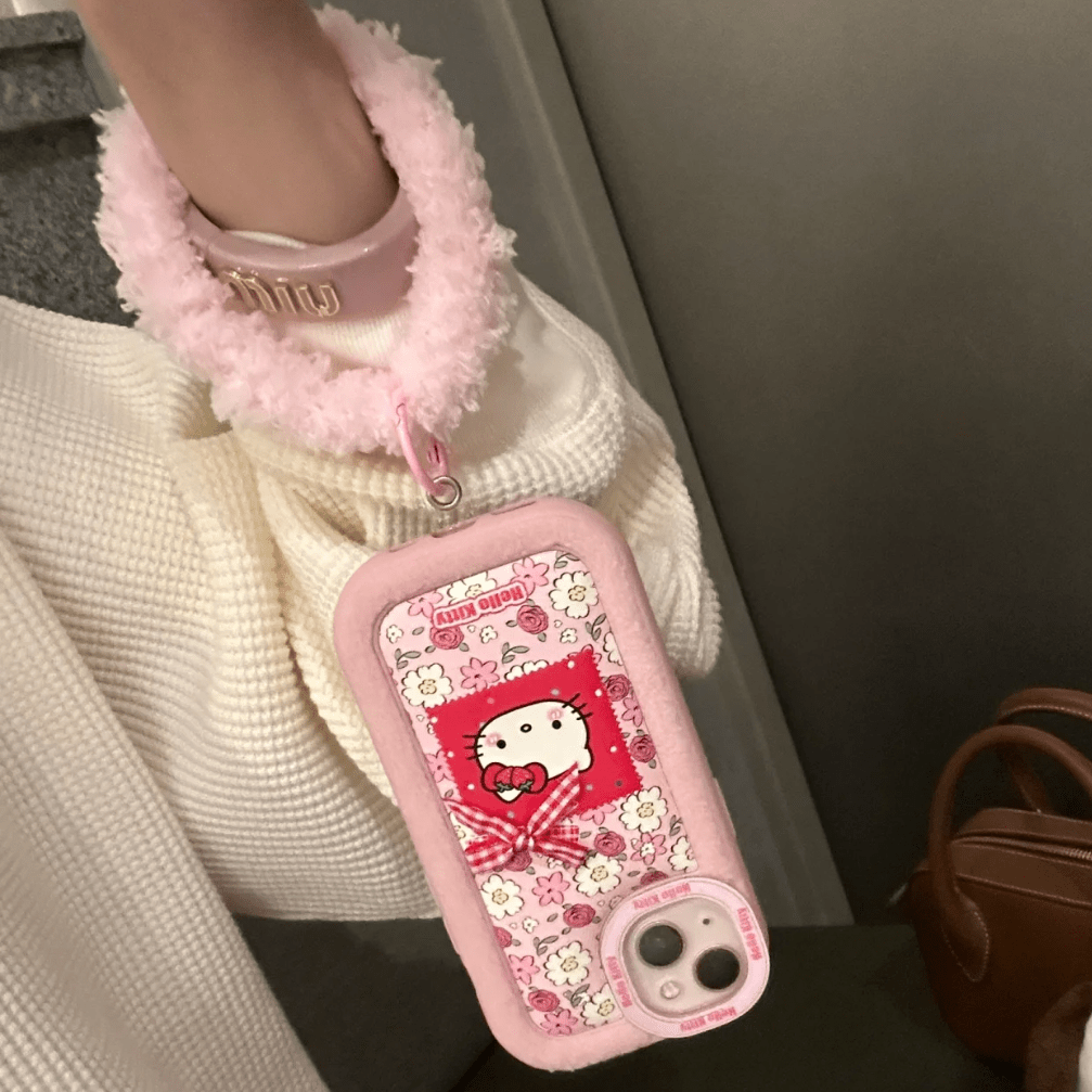 Pink Floral Kitty iPhone Case With Plush Accessories