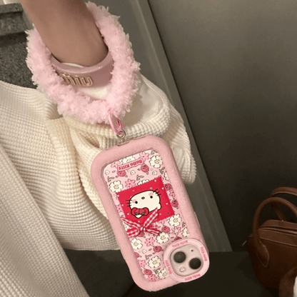 Coque iPhone à motif de chat à fleurs roses avec accessoires en peluche