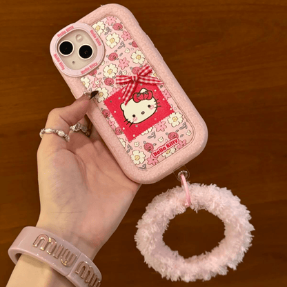 Coque iPhone à motif de chat à fleurs roses avec accessoires en peluche