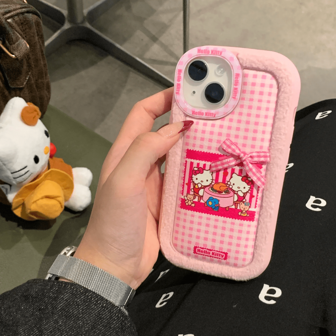 Pink Floral Kitty iPhone Case With Plush Accessories