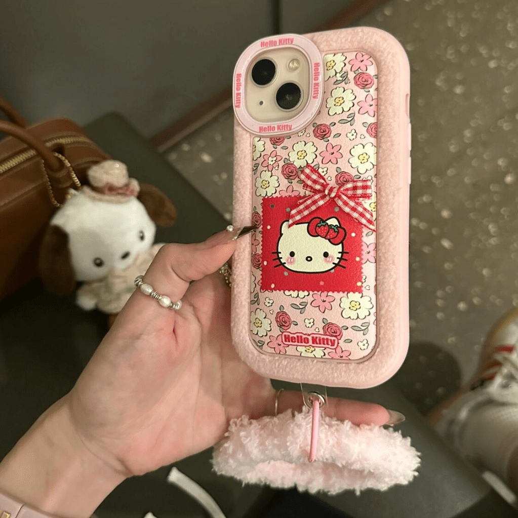 Pink Floral Kitty iPhone Case With Plush Accessories