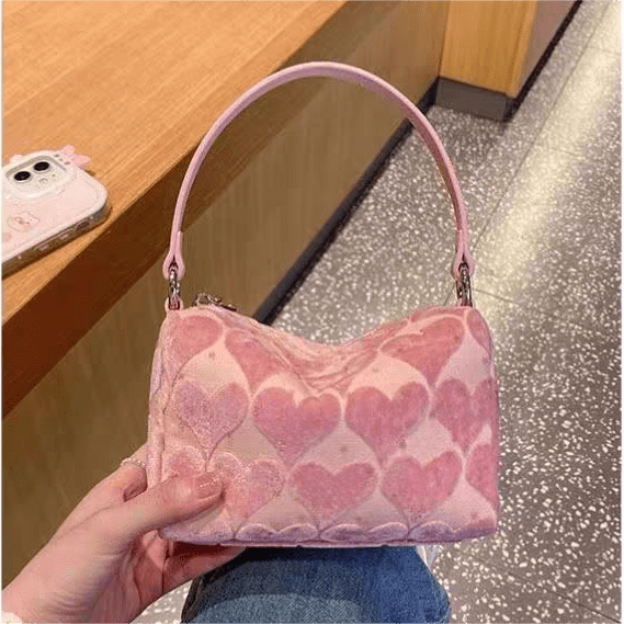 Sac fourre-tout en velours à cœur rose