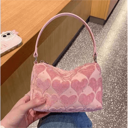 Sac fourre-tout en velours à cœur rose