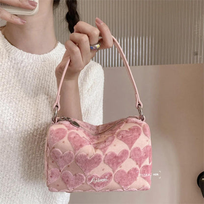 Sac fourre-tout en velours à cœur rose