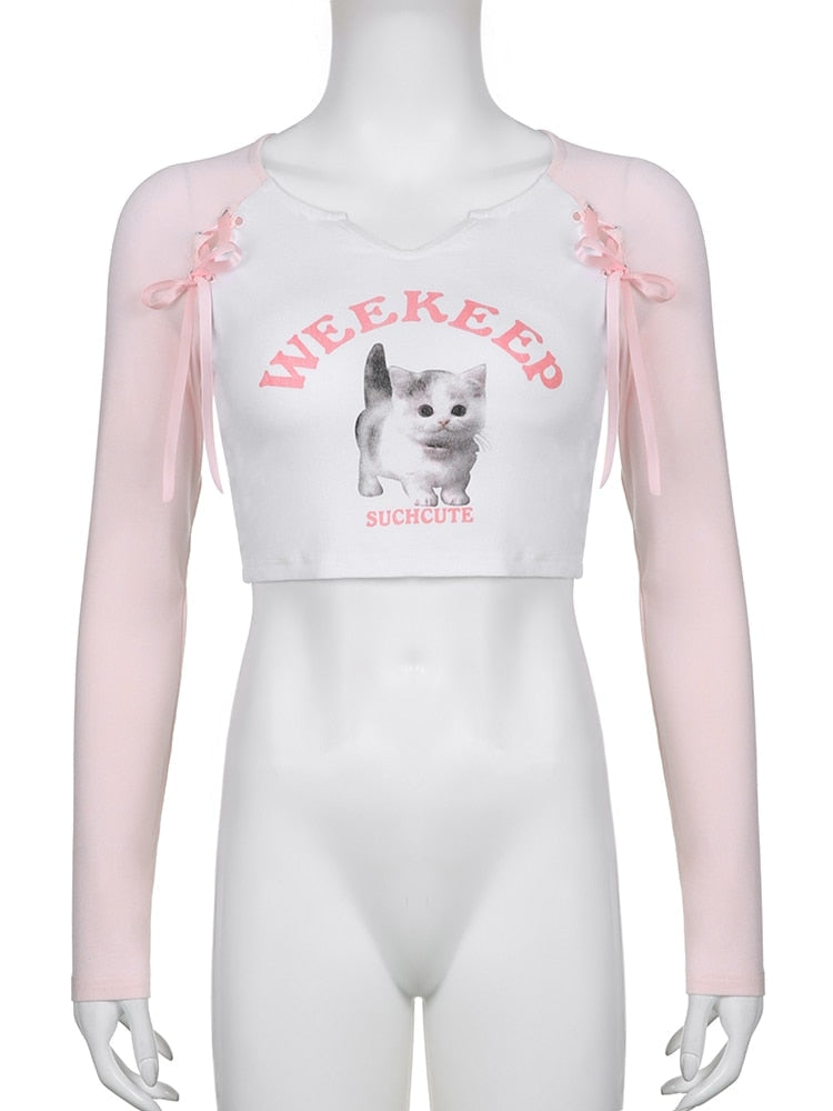 Pink Kitten Long Sleeve Crop Top - coquette, crop tops, dollette, fae, faecore Kawaii Babe