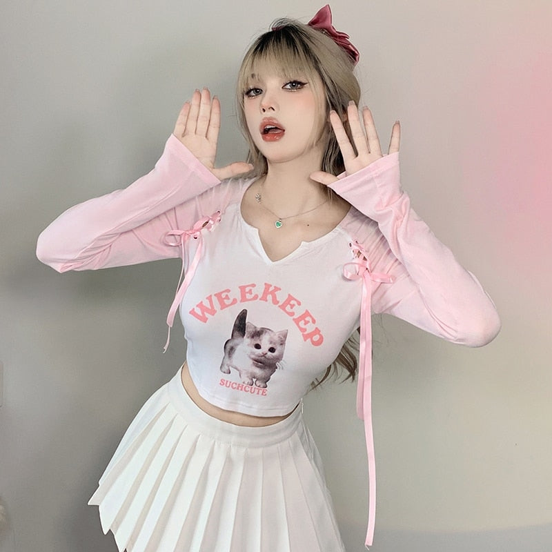 Pink Kitten Long Sleeve Crop Top - coquette, crop tops, dollette, fae, faecore Kawaii Babe