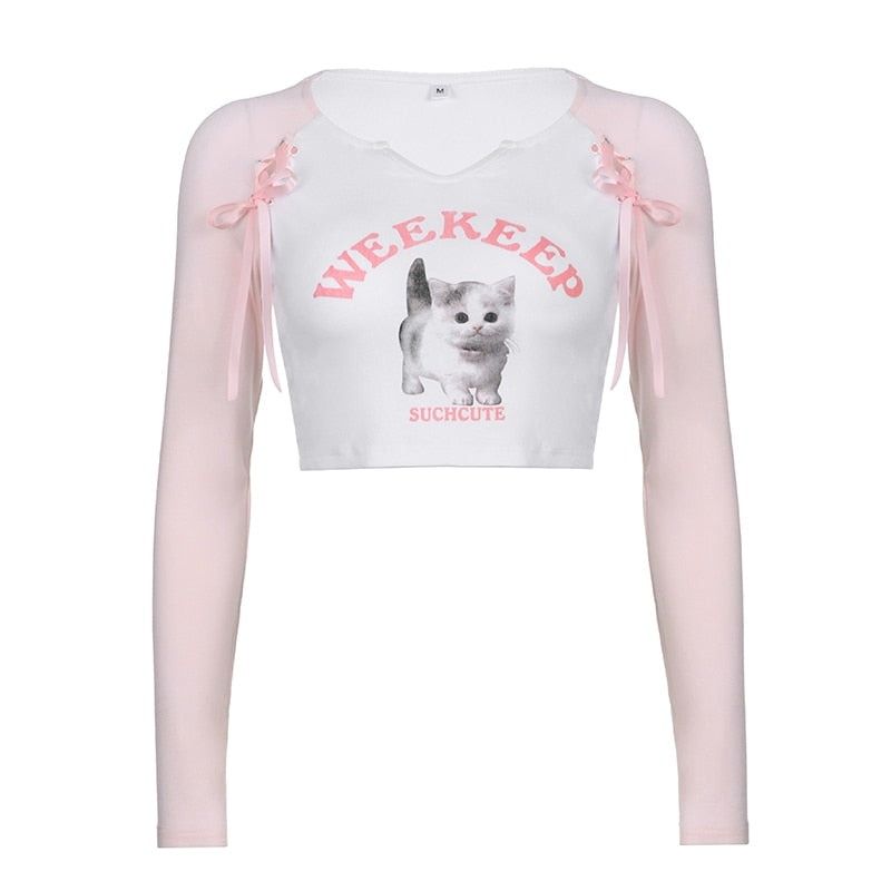 Pink Kitten Long Sleeve Crop Top - coquette, crop tops, dollette, fae, faecore Kawaii Babe