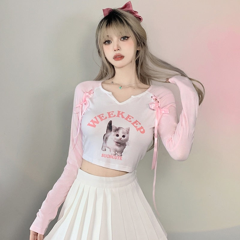 Pink Kitten Long Sleeve Crop Top - coquette, crop tops, dollette, fae, faecore Kawaii Babe
