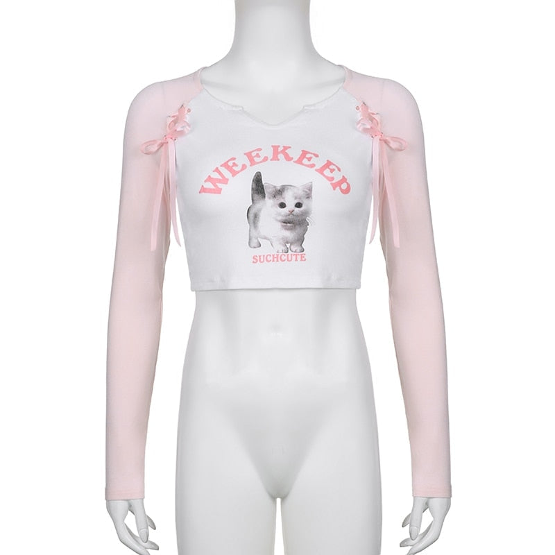 Pink Kitten Long Sleeve Crop Top - coquette, crop tops, dollette, fae, faecore Kawaii Babe