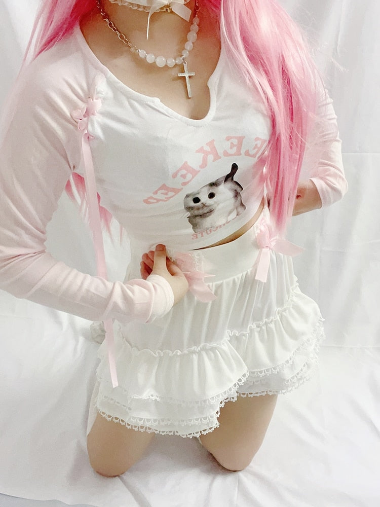 Pink Kitten Long Sleeve Crop Top - coquette, crop tops, dollette, fae, faecore Kawaii Babe
