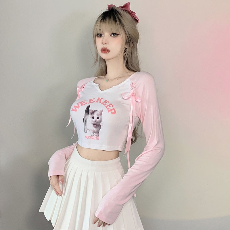 Pink Kitten Long Sleeve Crop Top - coquette, crop tops, dollette, fae, faecore Kawaii Babe