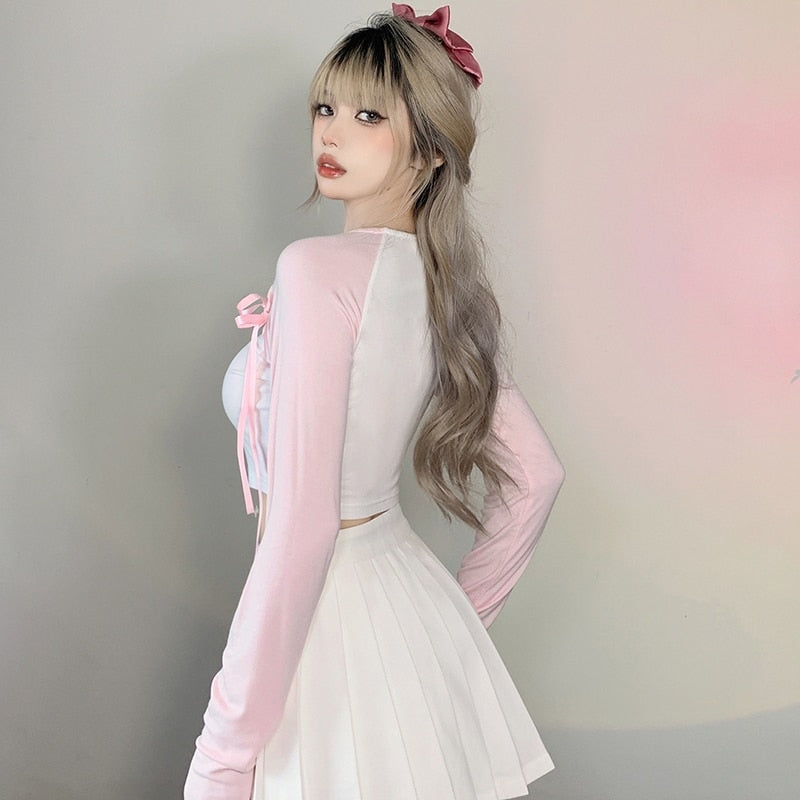 Pink Kitten Long Sleeve Crop Top - coquette, crop tops, dollette, fae, faecore Kawaii Babe