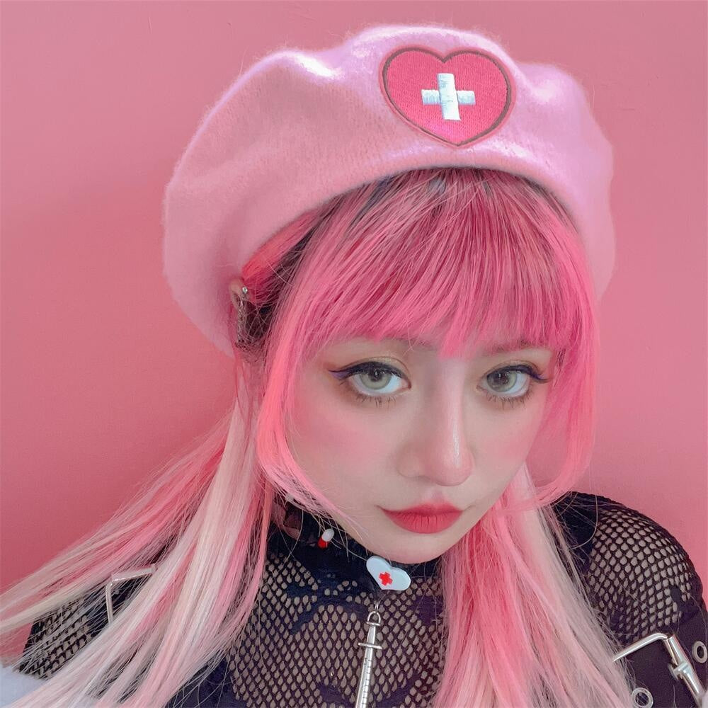Pink Menhera Nurse Beret - beret, berets, hat, hats, medical Kawaii Babe