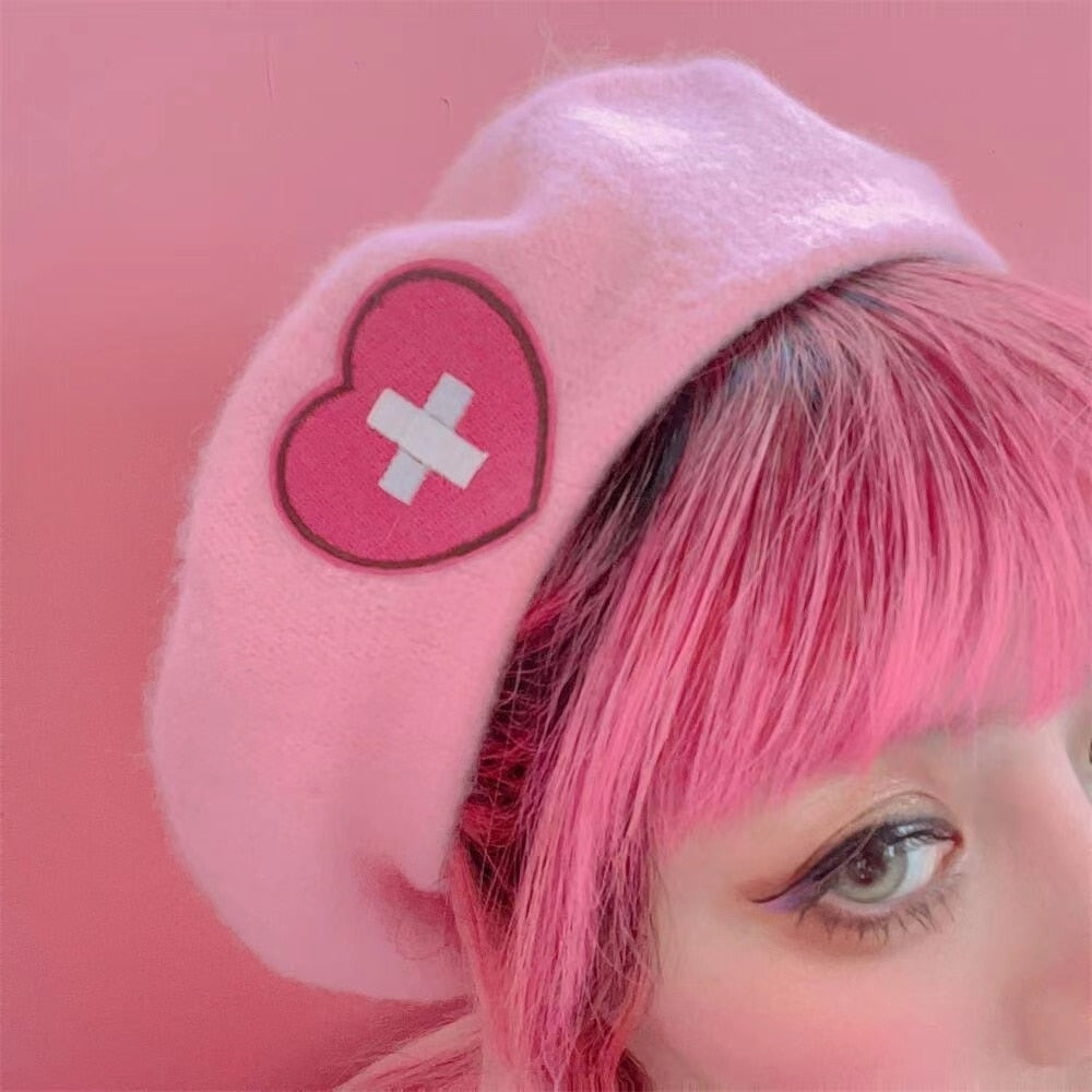 Pink Menhera Nurse Beret - beret, berets, hat, hats, medical Kawaii Babe