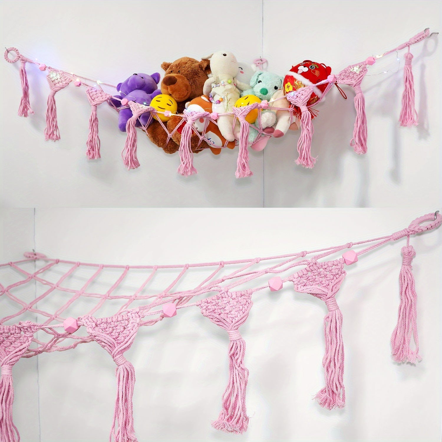 Kawaii pink plushie stuffed animal storage net hammock