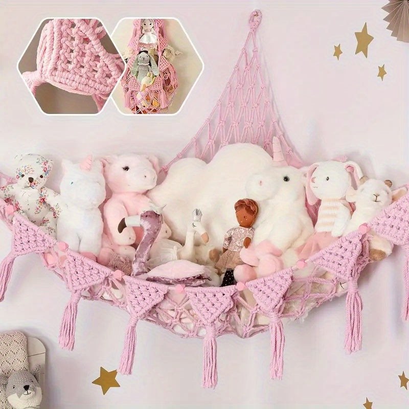 Kawaii pink plushie stuffed animal storage net hammock