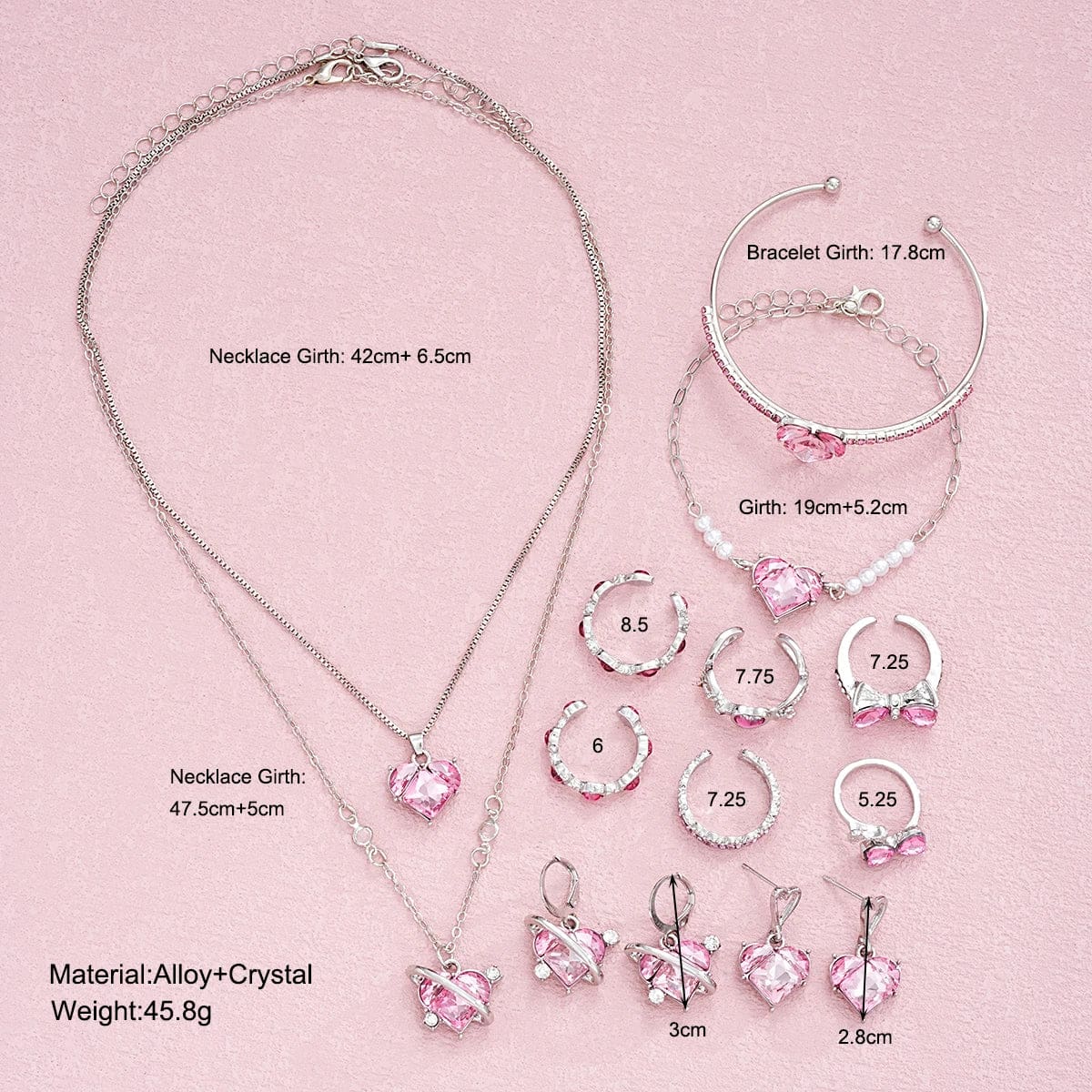 Kawaii pink princess crystal jewelry set and display box fairycore