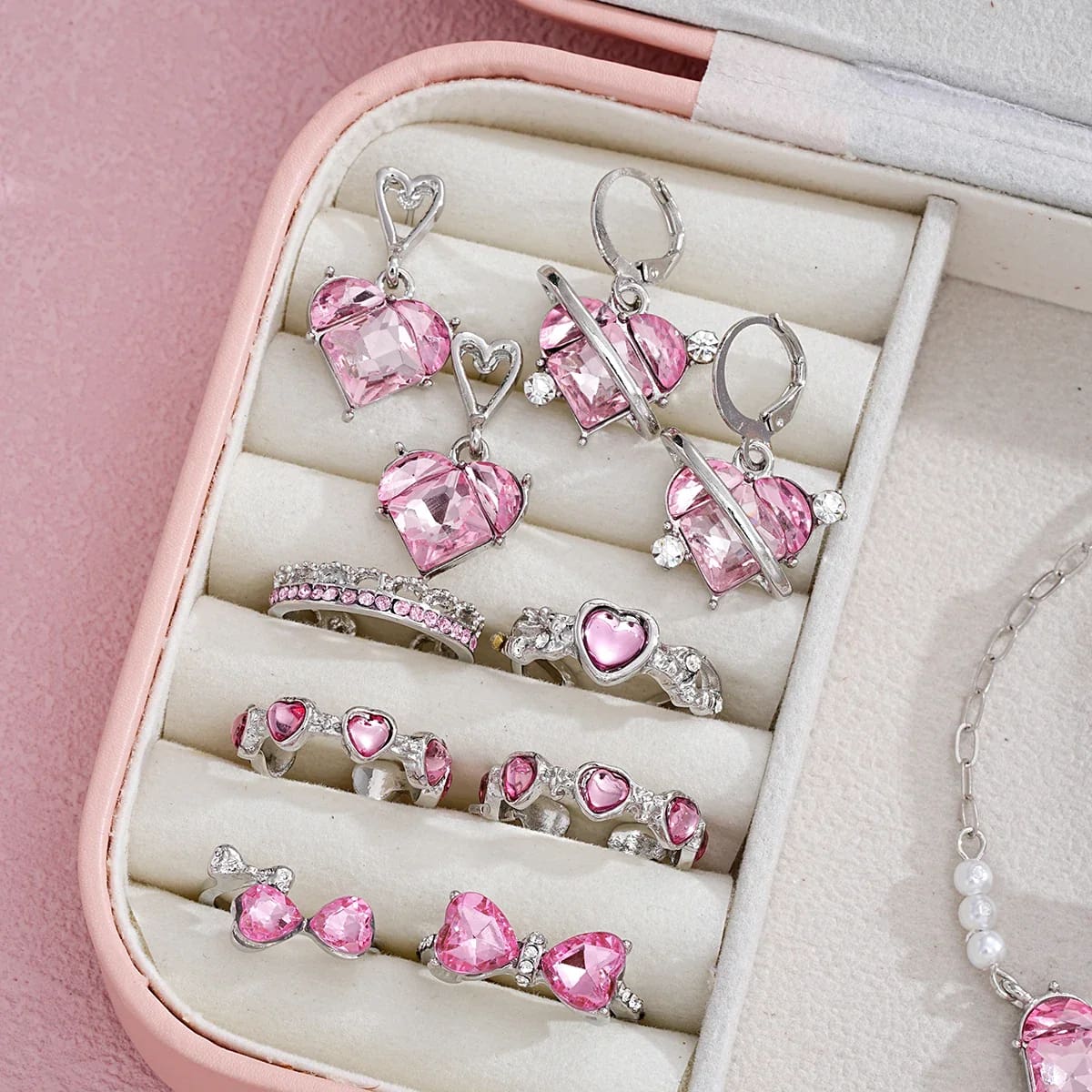 Kawaii pink princess crystal jewelry set and display box fairycore