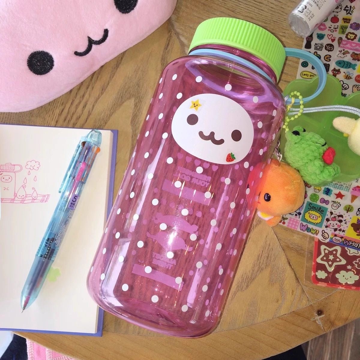 Pink 1000ml Cup Water Smiley Portable Dots Polka